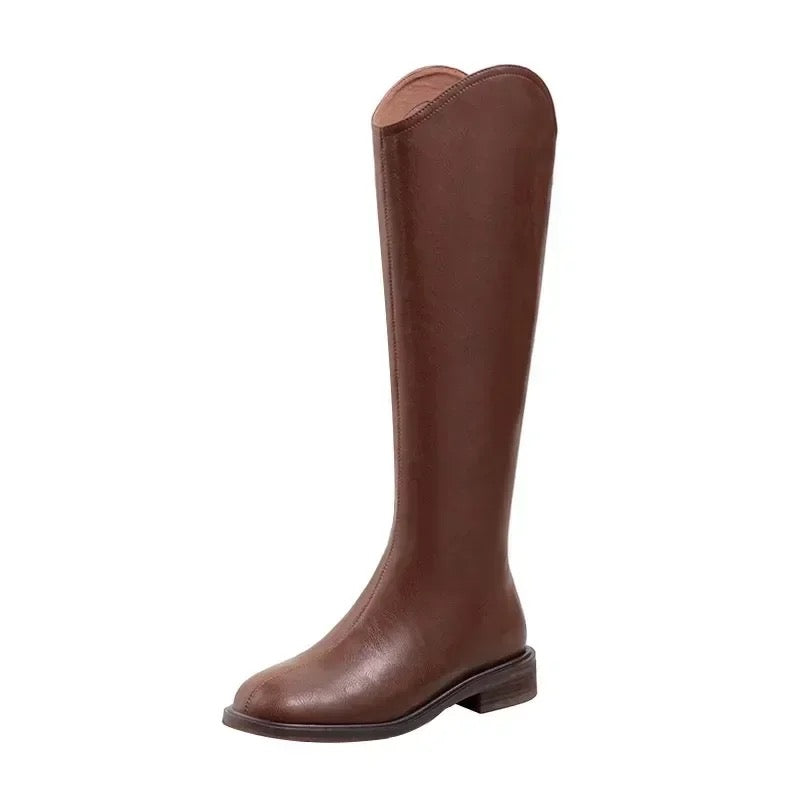 Knee high boots for women with low heel and square toe