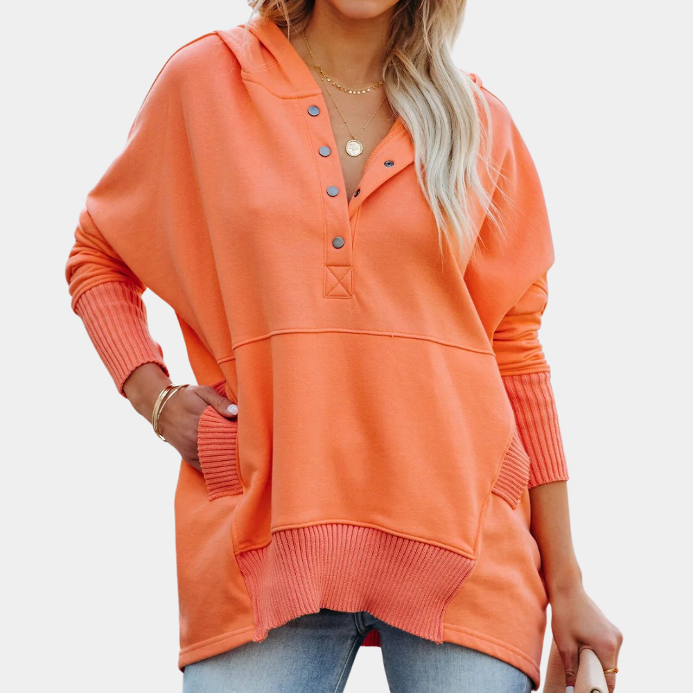Hoodies for women with half button placket and kangaroo pocket
