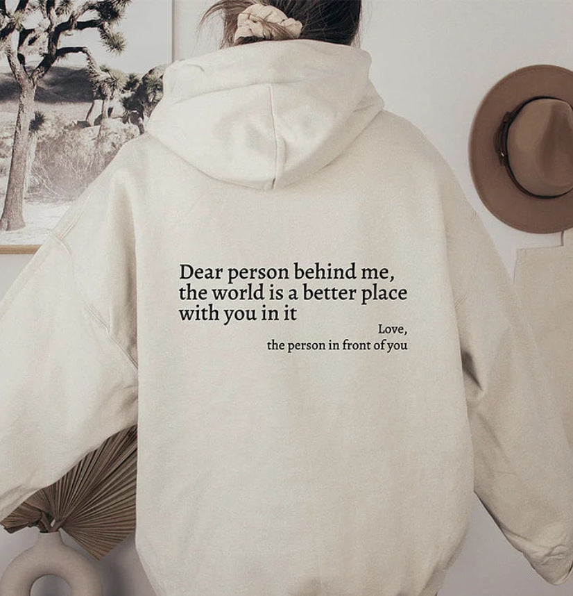 Hoodies for women with message print, kangaroo pocket and drawstring hood