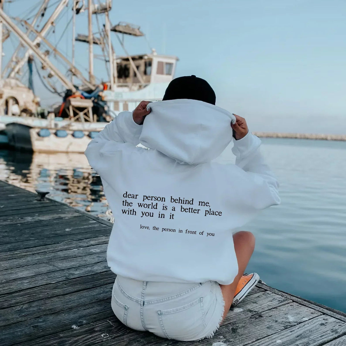 Hoodies for women with message print, kangaroo pocket and drawstring hood