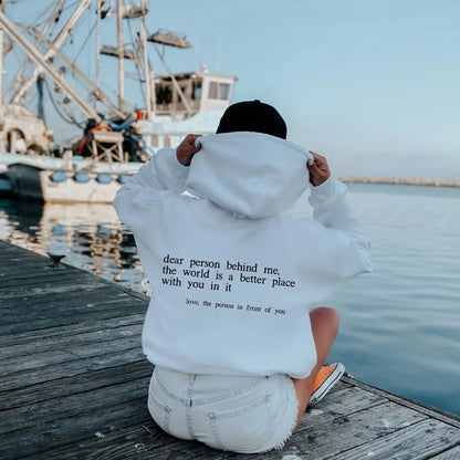Hoodies for women with message print, kangaroo pocket and drawstring hood