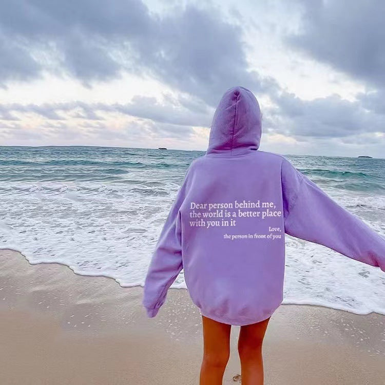 Hoodies for women with message print, kangaroo pocket and drawstring hood
