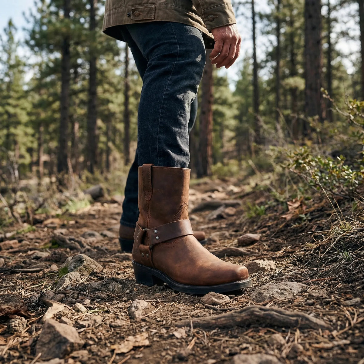 Men's boots with harness strap and block heel, slip on ankle boots