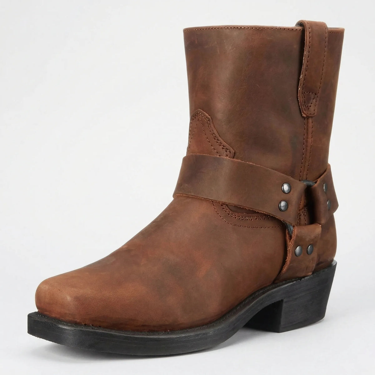 Men's boots with harness strap and block heel, slip on ankle boots