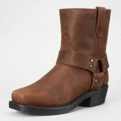 Men's boots with harness strap and block heel, slip on ankle boots