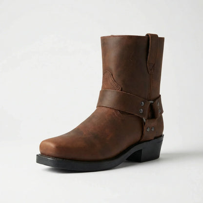 Men's boots with harness strap and block heel, slip on ankle boots