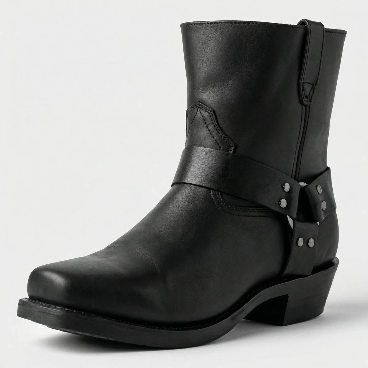 Men's boots with harness strap and block heel, slip on ankle boots