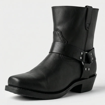 Men's boots with harness strap and block heel, slip on ankle boots