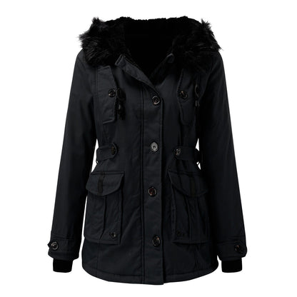 Hooded puffer jacket for women with faux fur trim and drawstring waist
