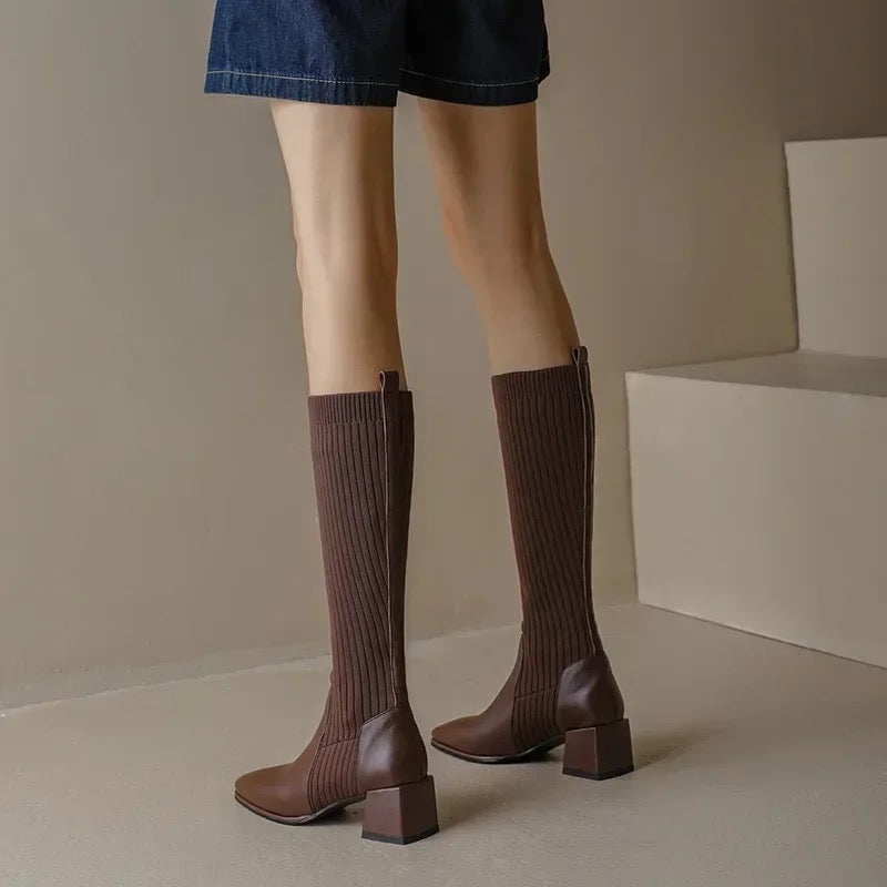 Knee high boots for women with ribbed sock-style shaft, block heel and square toe