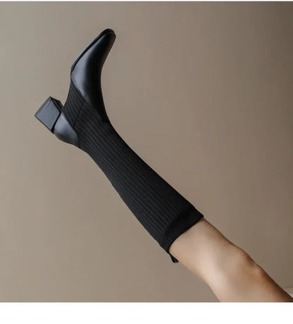 Knee high boots for women with ribbed sock-style shaft, block heel and square toe