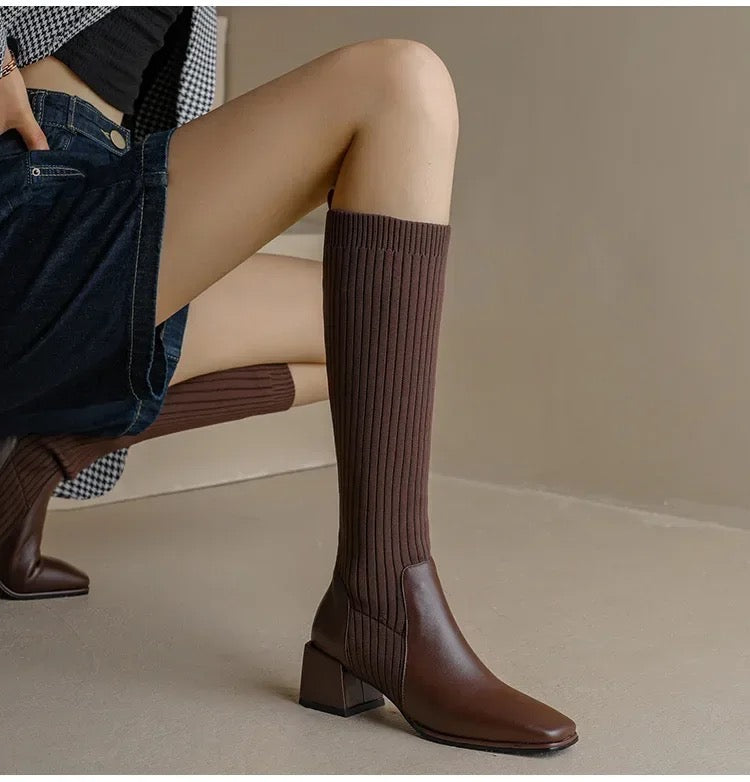 Knee high boots for women with ribbed sock-style shaft, block heel and square toe