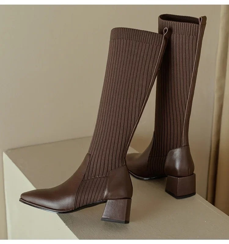 Knee high boots for women with ribbed sock-style shaft, block heel and square toe