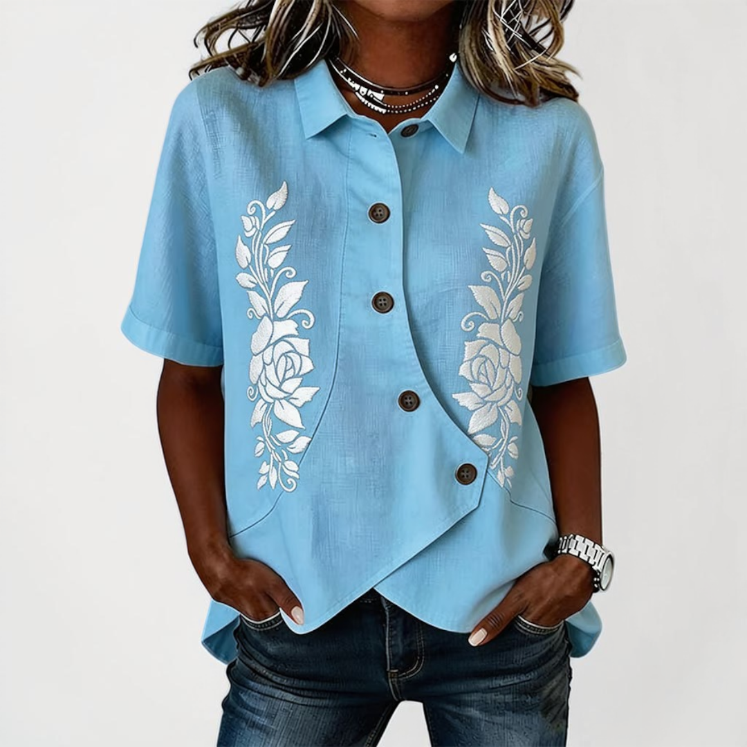 Short sleeve shirts for women with asymmetric button front