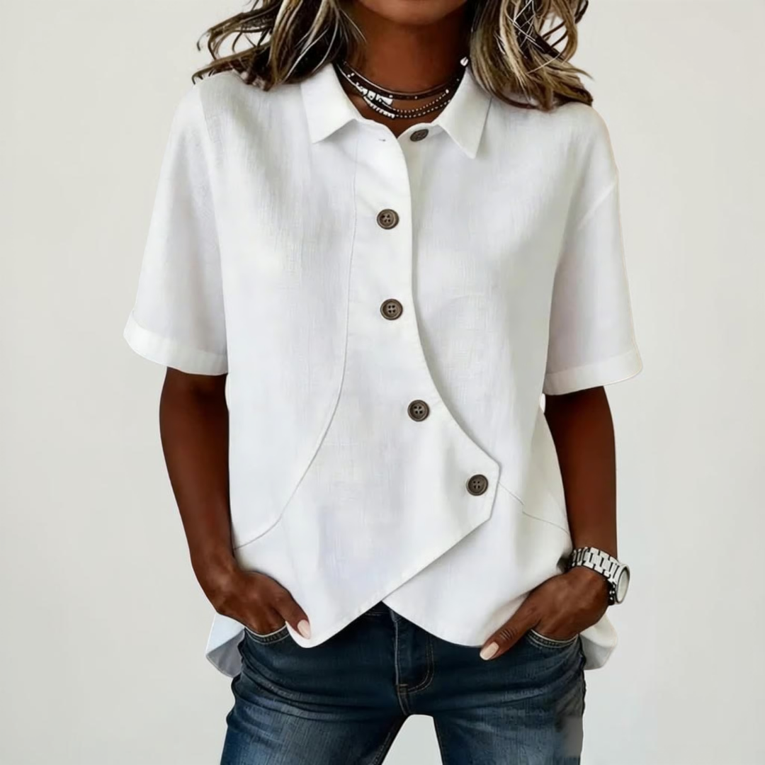 Short sleeve shirts for women with asymmetric button front