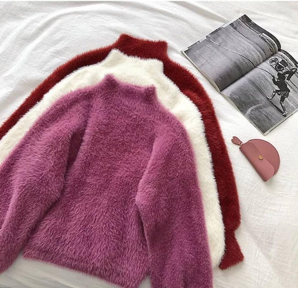 Women's sweaters with mock neck and balloon sleeves, fuzzy knit