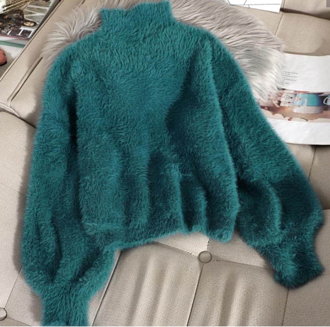 Women's sweaters with mock neck and balloon sleeves, fuzzy knit