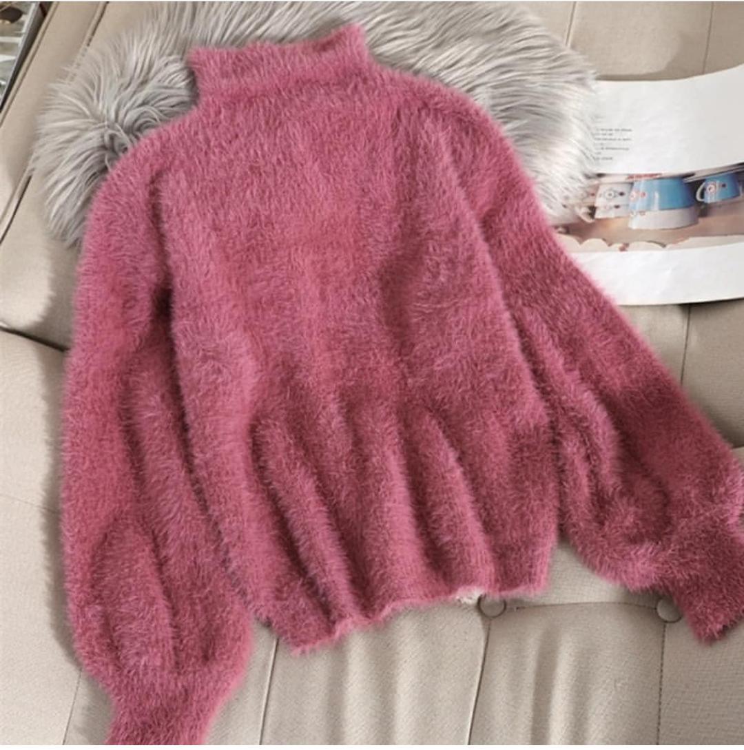 Women's sweaters with mock neck and balloon sleeves, fuzzy knit