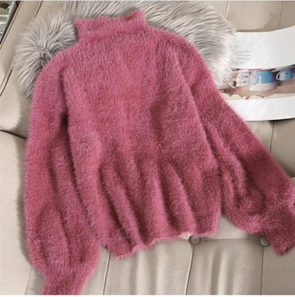 Women's sweaters with mock neck and balloon sleeves, fuzzy knit