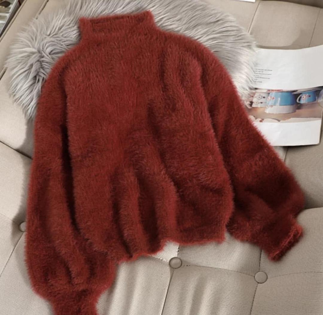 Women's sweaters with mock neck and balloon sleeves, fuzzy knit
