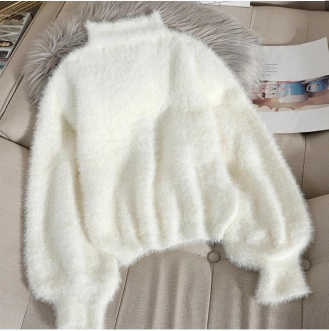 Women's sweaters with mock neck and balloon sleeves, fuzzy knit