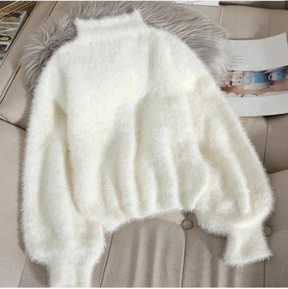 Women's sweaters with mock neck and balloon sleeves, fuzzy knit