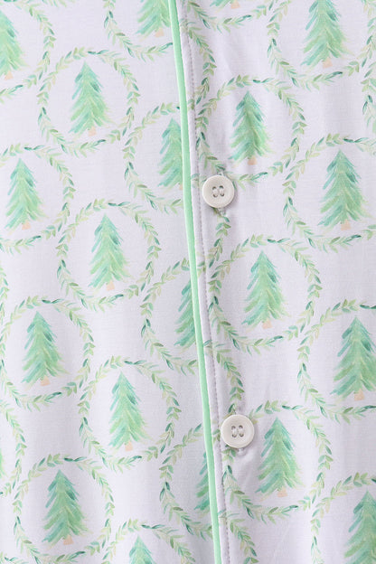 Christmas pajamas set for men with button down top and tree print