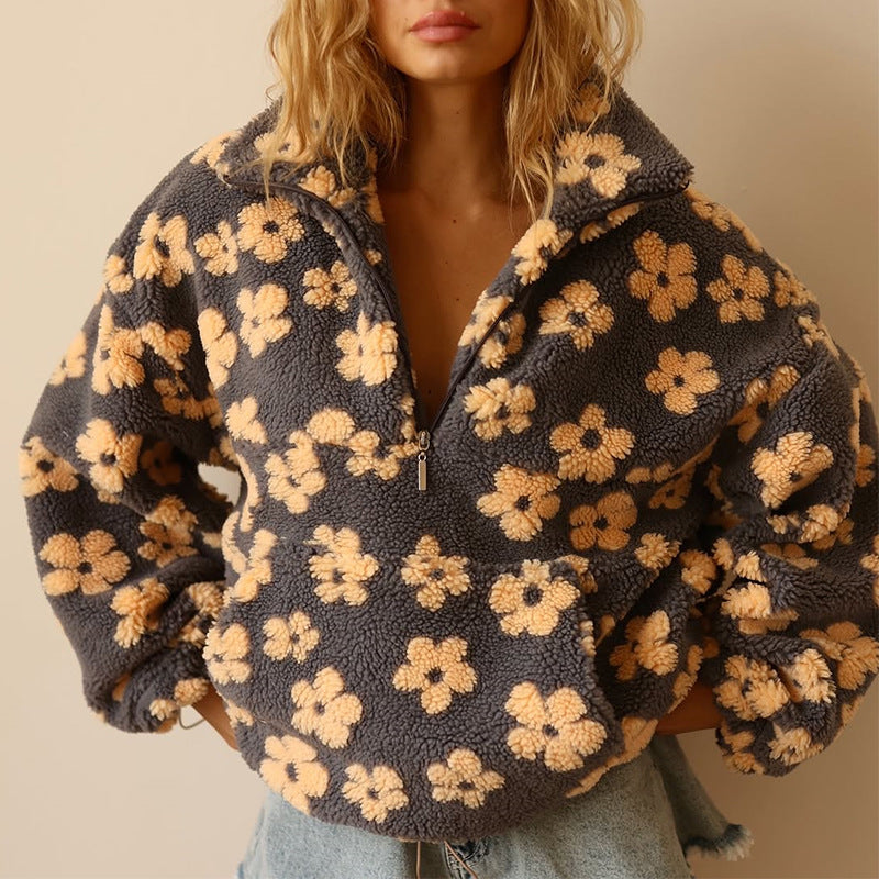 Hoodies for women, oversized half zip pullover with floral print