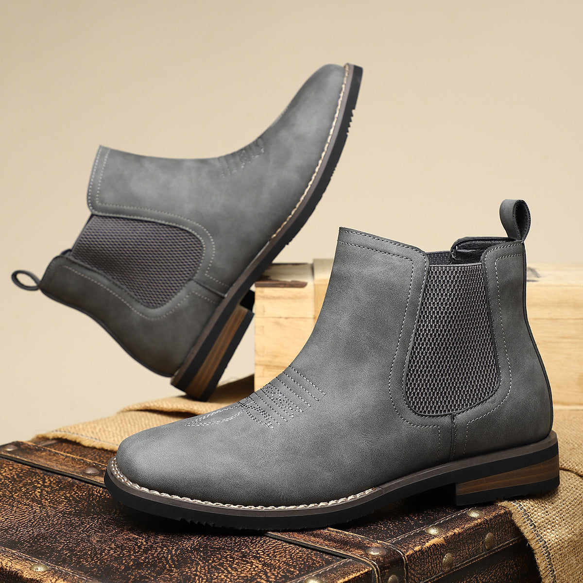 Chelsea boots for men with square toe and western stitching