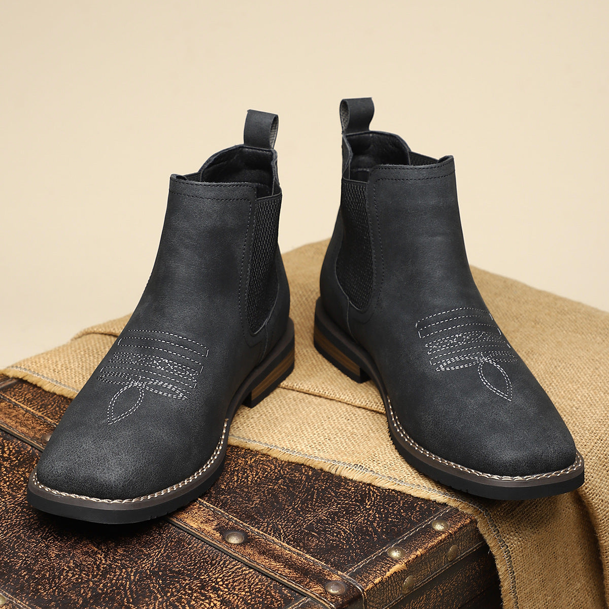 Chelsea boots for men with square toe and western stitching