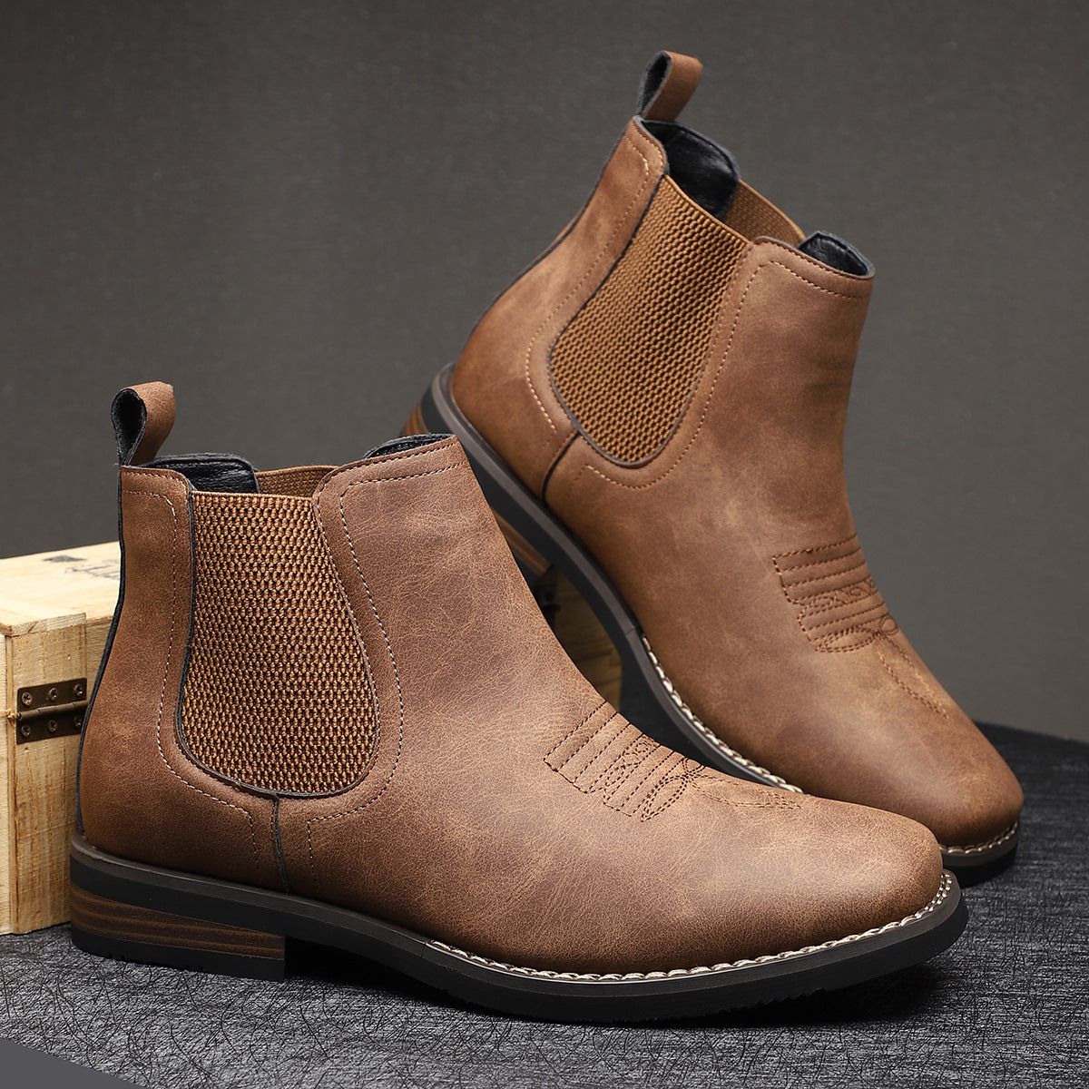 Chelsea boots for men with square toe and western stitching