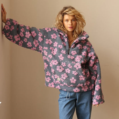 Hoodies for women, oversized half zip pullover with floral print
