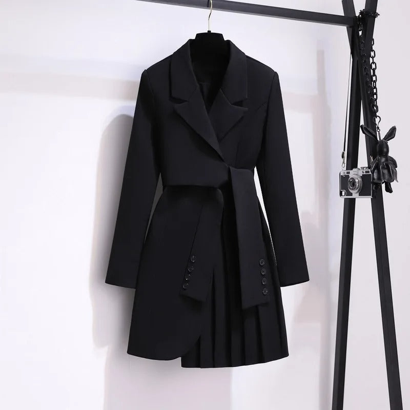 Women's belted coat with pleated hem and notch lapel collar