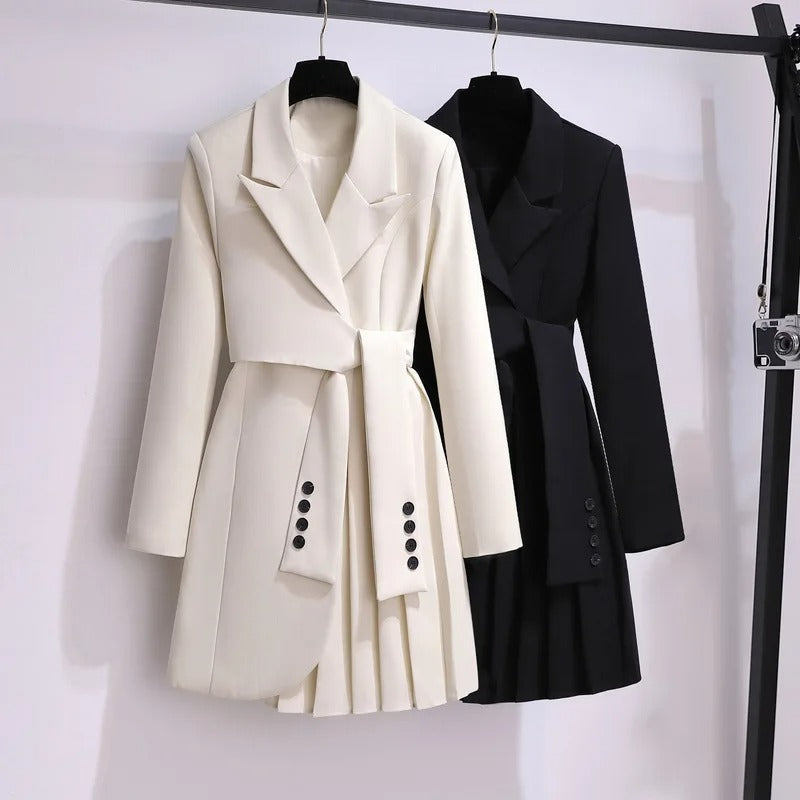 Women's belted coat with pleated hem and notch lapel collar