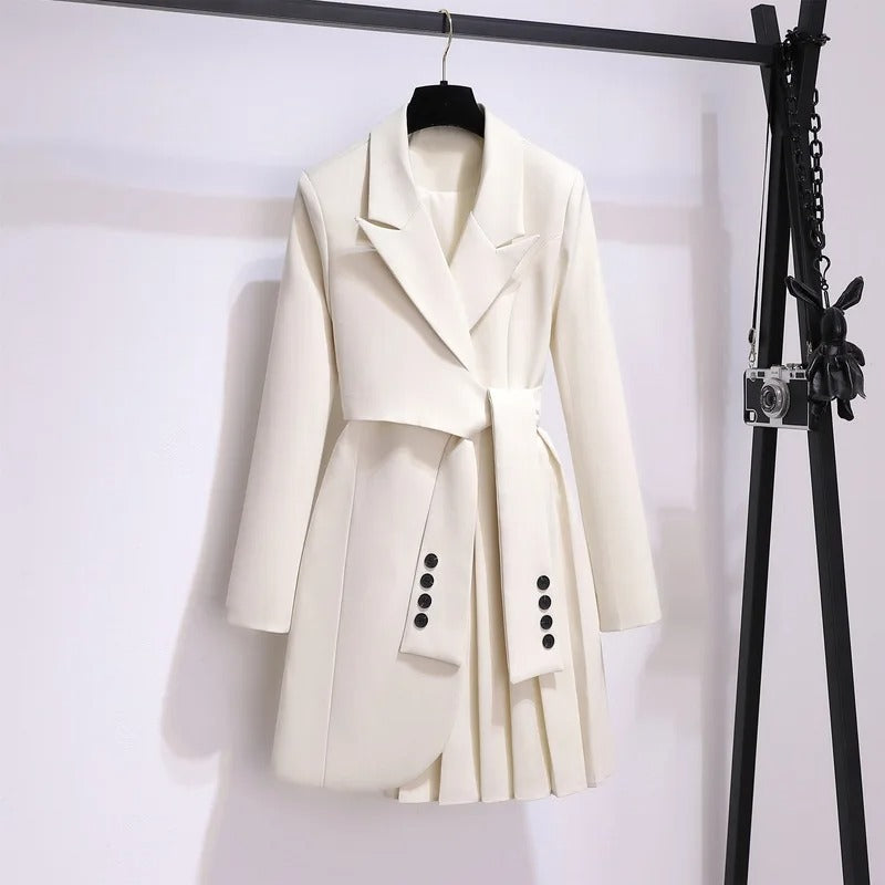 Women's belted coat with pleated hem and notch lapel collar