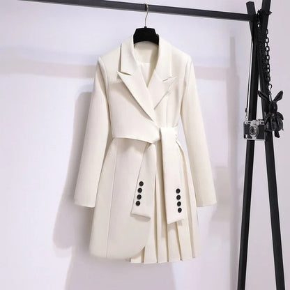 Women's belted coat with pleated hem and notch lapel collar