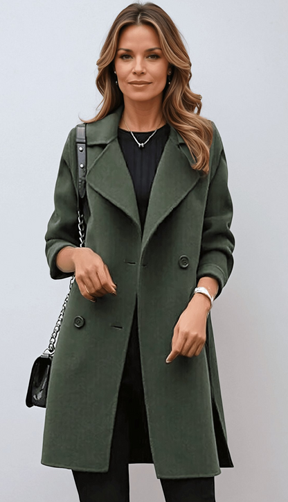 Double breasted coat for women with wide lapel collar, knee length