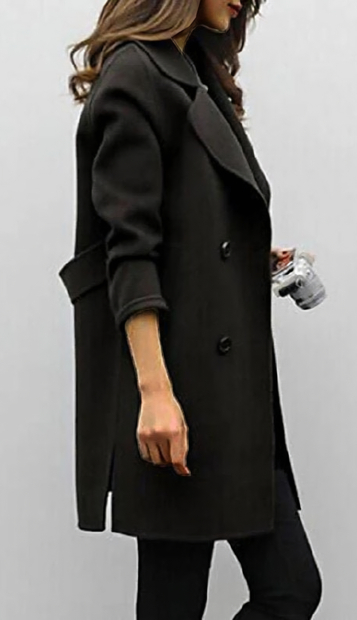 Double breasted coat for women with wide lapel collar, knee length