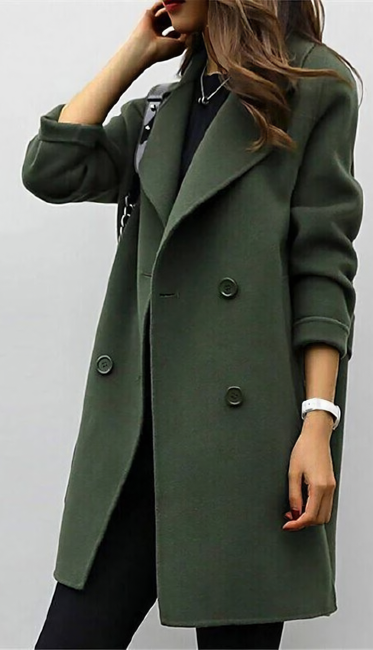 Double breasted coat for women with wide lapel collar, knee length