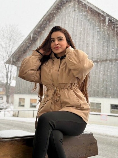 Puffer jacket with hood and drawstring waist for women
