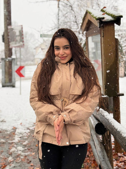 Puffer jacket with hood and drawstring waist for women