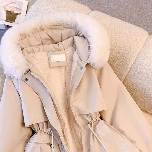 Puffer jacket with hood and drawstring waist for women