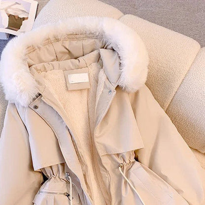 Puffer jacket with hood and drawstring waist for women