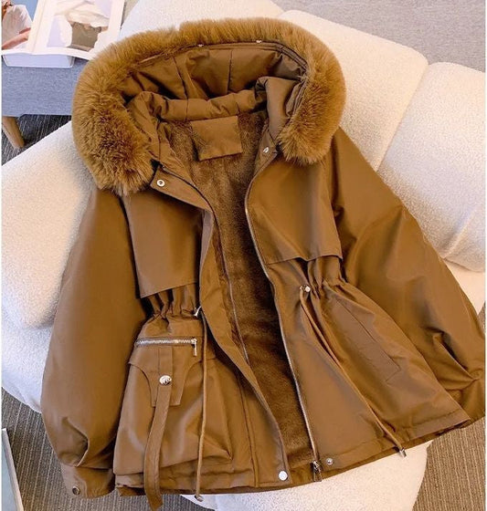 Puffer jacket with hood and drawstring waist for women