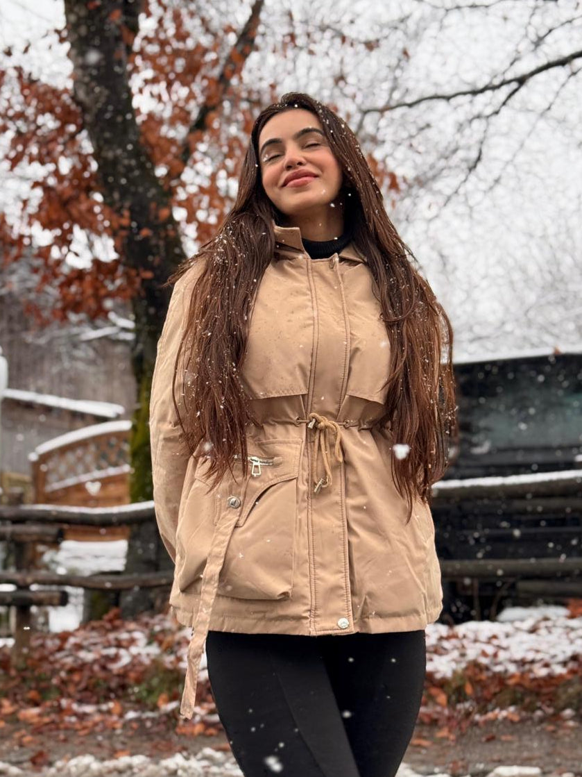 Puffer jacket with hood and drawstring waist for women