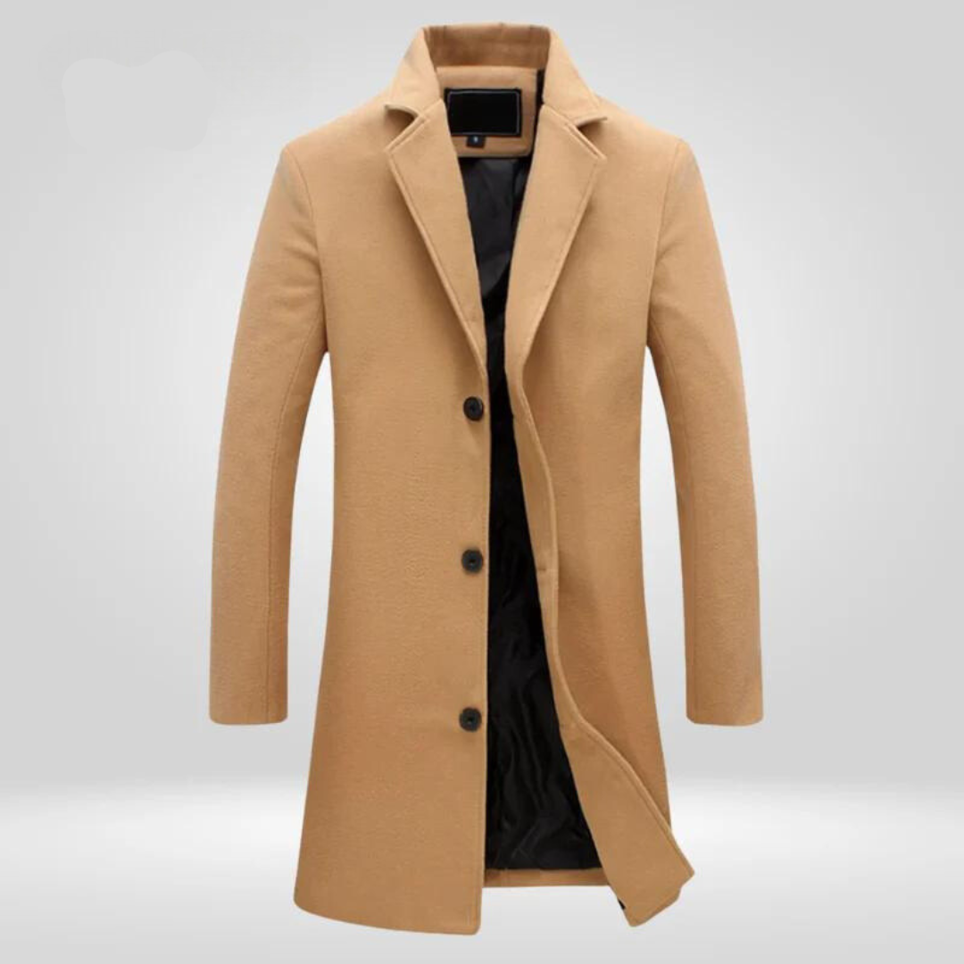 Single breasted long coat for men with notch lapels
