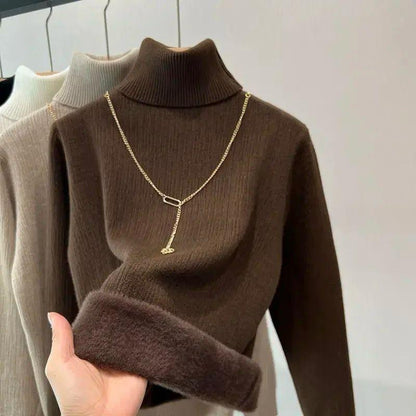 Women's sweaters, ribbed turtleneck with fleece lining and chain detail