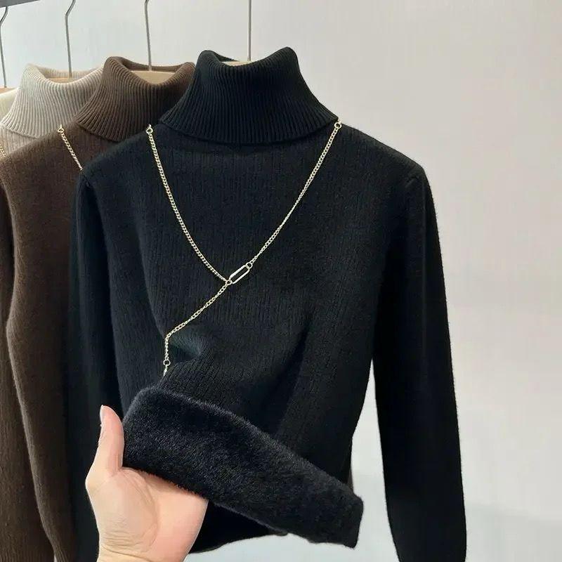 Women's sweaters, ribbed turtleneck with fleece lining and chain detail
