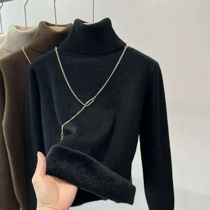 Women's sweaters, ribbed turtleneck with fleece lining and chain detail
