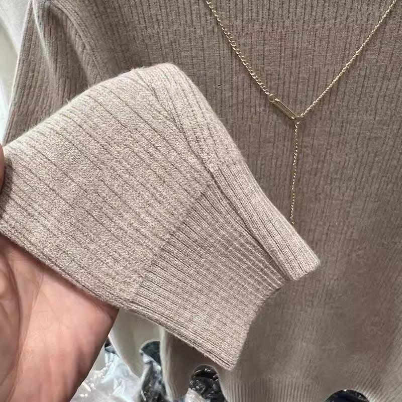 Women's sweaters, ribbed turtleneck with fleece lining and chain detail